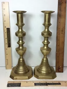 Antique Pair 10-3/4" tall 19th Century English Brass Geometric Candlesticks Seam - Picture 1 of 12