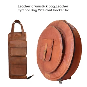 Leather Cymbal Bag Padded Backpack 22" and Leather Drum Stick Bag Set of 2 Bags - Picture 1 of 13