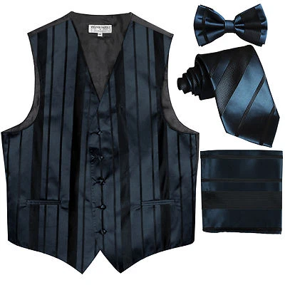 New Men's stripes Tuxedo Vest Waistcoat & necktie & Bow tie & Hankie Navy blue - Image 1 of 4