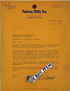 1938 BRIEFKOPF Coffeyville Kansas NUTRENA MILLS Inc RE WHITWORTH Straube NELSON - Bild 1 von 1