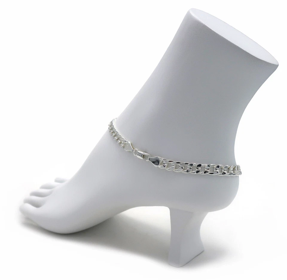 Brazalete tobillera cadena eslabones cubanos bordillo cóncavo de 5 mm 10" enchapado en plata 925 Foto 1 de 4