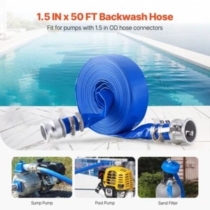 VEVOR Backwash Hose 1.5 in x 50 ft Blue High Quality Hose Complete Fittings - Picture 1 of 7