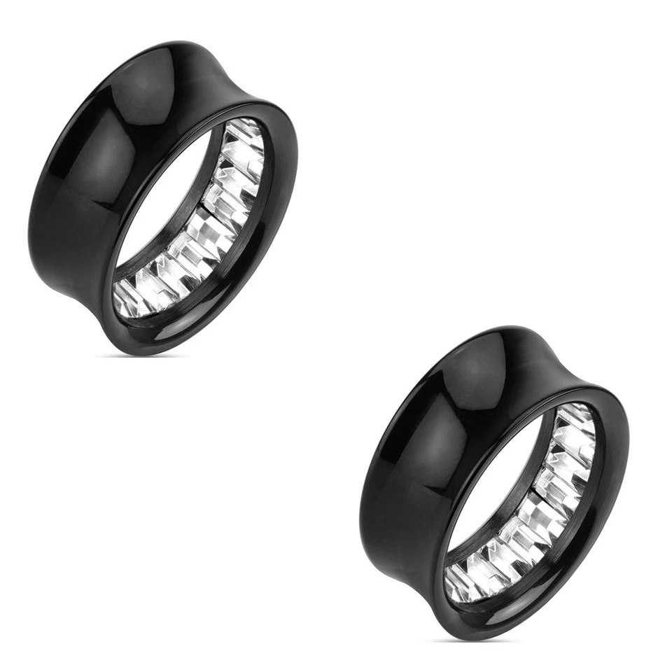 Pair of Princess Cut Gem Pattern Inlayed Black Acrylic Saddle Fit Tunnel E73 - Image 1 of 1
