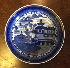 Antique English Porcelain Saucer Dish Bowl Chinese Export Blue & White Canton 3 - Picture 1 of 6