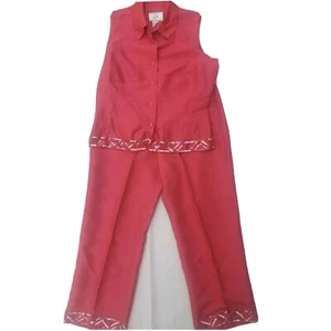 IcE Suit Womens 8 Talle Coral Pink 2 Pc Silk Pant Set Sleeveless Sequin Accent - Picture 1 of 7