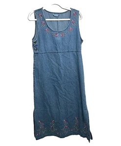 Vintage Jane Ashley Boho 90s Maxi Jumper Denim Dress Floral Embroidered Cotton M - Picture 1 of 12