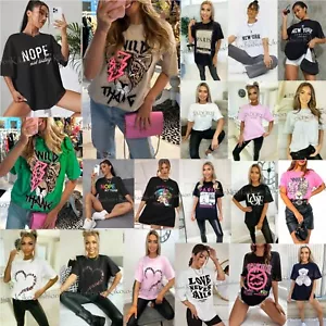 Womens T Shirt Ladies Oversized Baggy Fit Short Sleeve Slogan T-shirt Tee Tops - Picture 1 of 50