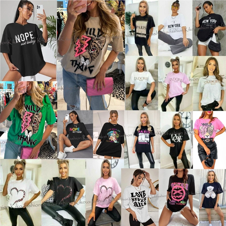 Womens T Shirt Ladies Oversized Baggy Fit Short Sleeve Slogan T-shirt Tee Tops - Image 1 of 4