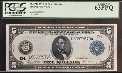  1914 $5 Federal Reserve Note PCGS 63PPQ Choice New San Francisco FR 891a Mr. C - Image 1 of 3