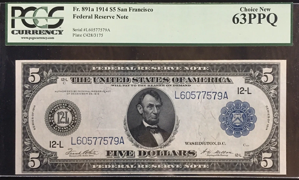  1914 $5 Federal Reserve Note PCGS 63PPQ Choice New San Francisco FR 891a Mr. C - Image 1 of 3