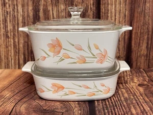 CORNINGWARE PEACH FLORAL LOT CASSEROLE DISH WITH LIDS VINTAGE MCM TULIPS A1B SET - Picture 1 of 14