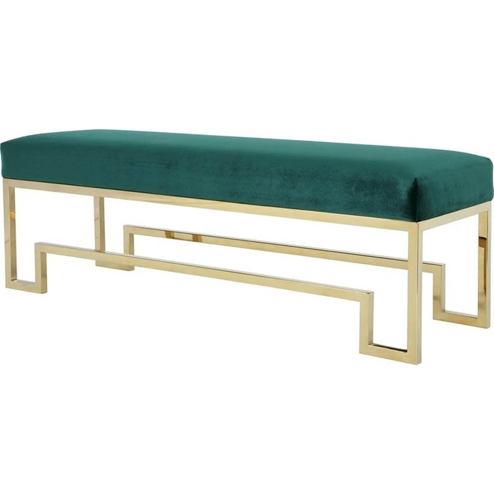 Pangea Home Laurence 18" Stainless Steel Bench in Gold & Green Velvet - Image 1 of 3