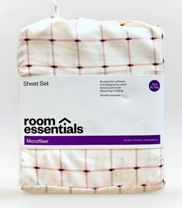 Room Essentials Ivory w/ Pink Grid Pattern Brushed Microfiber XL Twin Sheet Set - Picture 1 of 4