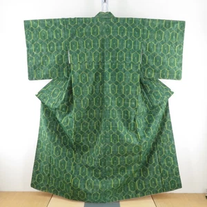 Tsumugi kimono Silk Tortoise shell and kasuri Green 62.6inch Women's - Imagen 1 de 14