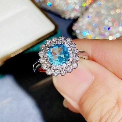 2.10Ct Cushion Cut Aquamarine Diamond Halo Engagement Ring 14K White Gold Finish - Image 1 of 3