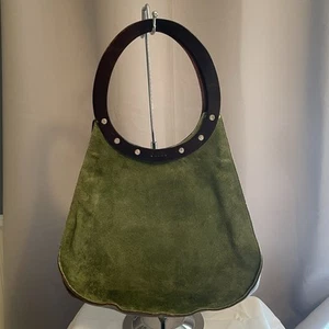 Dean Anthropologie Green Suede Bag Brown Leather Teardrop Shoulder Bag Medium - Picture 1 of 16