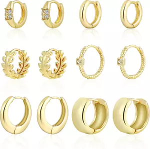 6 Pairs Small Gold Huggie Hoop Earrings for Women, 14K Gold Plated Cartilage - Picture 1 of 12