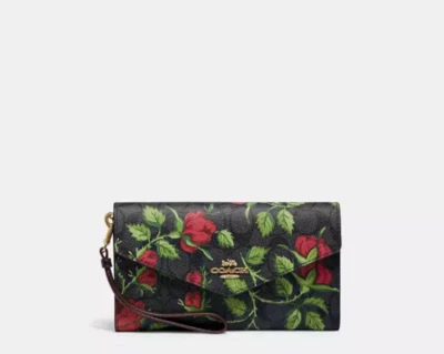 COACH #CC860 Travel Envelope Wallet Leather Fairytale Rose Print - Black Multi - Image 1 of 4