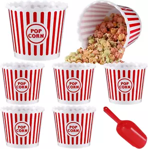 6 Pieces Plastic Popcorn Containers Reusable Buckets 75 Oz Popcorn Boxes Bowl wi - Picture 1 of 12