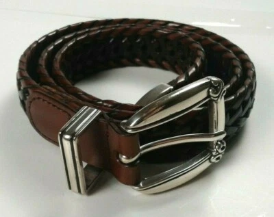 Fossil 双色棕色篮子编织皮革腰带女式中号漂亮扣  — 第 1/4 张图片