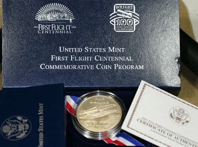 2003 P BU First Flight Centennial US Mint 90% Silver Dollar Coin Box + COA Plane - Image 1 of 3
