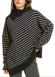 ALLSAINTS Maddie Foldover Roll Neck Sweater Black White Striped M/L - Picture 1 of 12