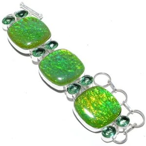 Triplet Fire Opal, Green Amethyst Handmade 925 Sterling Silver Bracelet 7-8" - Picture 1 of 3