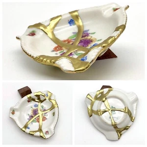 Kintsugi Ashtray Floral Porcelain Germany Gold Crack Art Personal Growth Gift - Picture 1 of 10