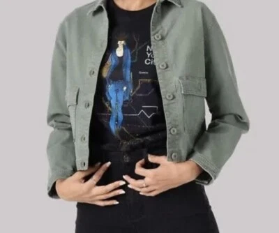 LEE Olive Green Denim Crop Chore Jacket Jean Coat Military Ivy Army Small NWT - Image 1 of 4