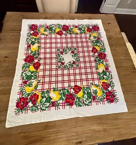 Mantel vintage Startex flores rojas/peras/a cuadros años 50 z7 - Imagen 1 de 6