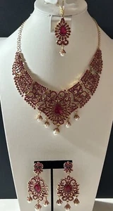 Touchstone Indian Bollywood Bridal Set Fuchsia Rhinestones &Faux Pearls New Tags - Picture 1 of 13