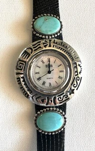 Sterling Silver Turquoise Southwest BOMA Watch 925 Black Leather 8” Strap - Picture 1 of 6
