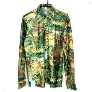 Montgomery Ward Disco Shirt Szenen Gr. L Polyester Wildtiere Hirsch Elfe Antilope Vintage - Bild 1 von 12