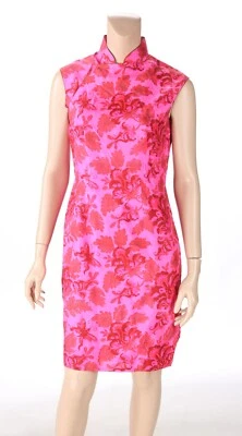 Unbranded Vintage 60s Pink & Red Print Nehru Collar Silk Cocktail Dress size 8 - Image 1 of 4