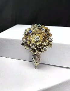 Vintage Sterling Silber 925 Gold Platte Strass Blume Brosche / Anstecknadel (R signiert) - Bild 1 von 12