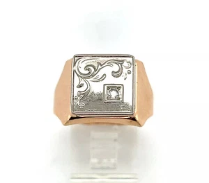 Natural Diamond Vintage Signet Floral Motif Men's Ring Solid 585/14k TT Gold - Picture 1 of 15
