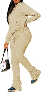 Women's Sweatsuits Sets Fleece 2 Piece Outfits Hooded Medium, Khaki - Picture 1 of 4
