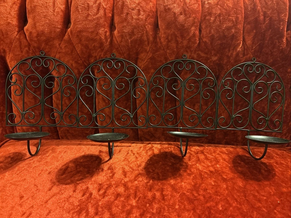 "Juego de 4 apliques de pared de vela vintage de hierro forjado negro de 10 pulgadas de alto x 7""" Foto 1 de 4