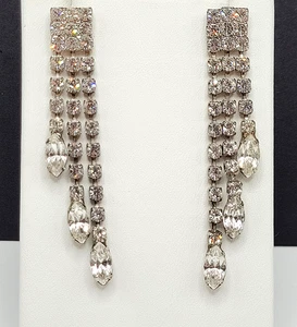 Elegant Rhinestone Deco 3 Strand Tassel Fringe Silver Tone Pierced MCM Earrings - Picture 1 of 24