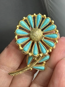 BSK B. Steinberg-Kaslo Co. goldfarbene Gänseblümchen blaue Blütenblätter & Blätter Blatt Brosche Anstecknadel - Bild 1 von 9