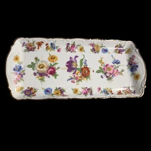 Bayreuth Gloria Fine Porcelain Tray Floral 13.5"x6" 24 Caret Gold Trim Germany - Picture 1 of 3