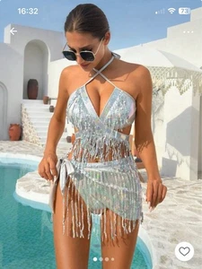 Shein 3 Piece Bikini Set Silver/Grey Sparkly Ibiza/Clubbing Size Large 12/14 VGC - Picture 1 of 10