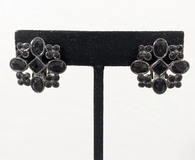 Black Rhinestone Cluster Clip On Earrings Silver Tone Statement Goth Evening - Image 1 of 4