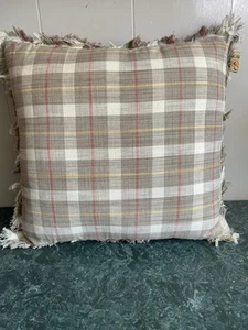 Devi Designs Plaid Throw Pillows Set of 2 Neutral Plaid Fringe Beige 20x20 Comfy - Picture 1 of 8