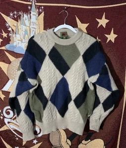 Vintage 90s Boston Traders Multicolor Argyle Pure Wool Sweater Size Large - Picture 1 of 4