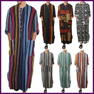 NEU Herren Pyjama Baumwolle Langarm Nachthemd Kaftan Nachtwäsche Kleid Nachtwäsche - Bild 1 von 28