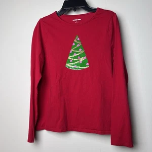 Lands End Girls Large (14) Red Long Sleeve flippable Sequin Christmas Tree Tee - Picture 1 of 6
