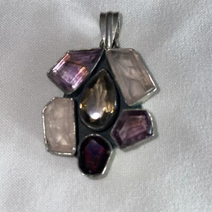 SILVER PLATED COPPER PENDANT WITH LARGE NATURAL STONES MADE IN INDIA : 2 “ Long - Picture 1 of 2