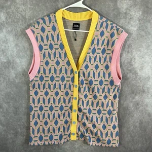 Zara Contrast Jacquard Vest Geometric Size Medium Multicolor Button Up NWOT - Picture 1 of 5