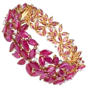 Marquise Lab Burmese Ruby Bracelet 925 Sterling Silver Floral Design Women Jewel - Picture 1 of 6